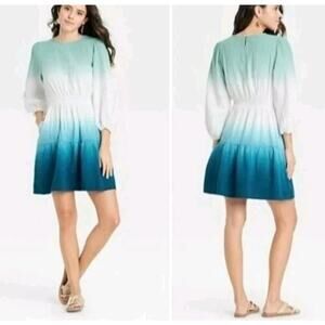 Universal Thread Long Sleeve Dress Gauzy Recycled Cotton Ombre Dip Dye Blue Sz M